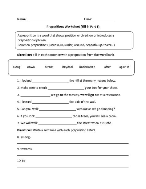 prepositions worksheets fill  prepositions worksheet