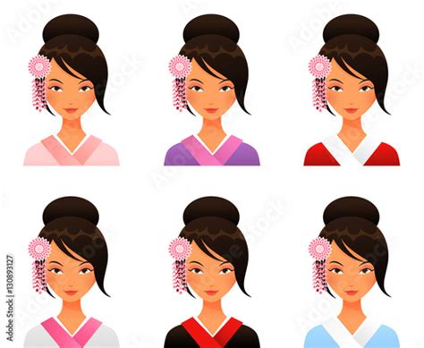 cartoon illustration of a cute japanese girl in kimono stock vector