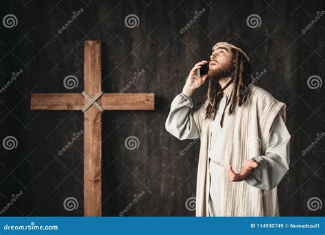 jesus christ talking  god  mobile phone stock image image