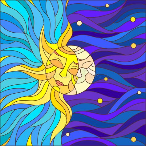 Stained Glass Illustration With Sun And Moon In The Sky Stock Vector