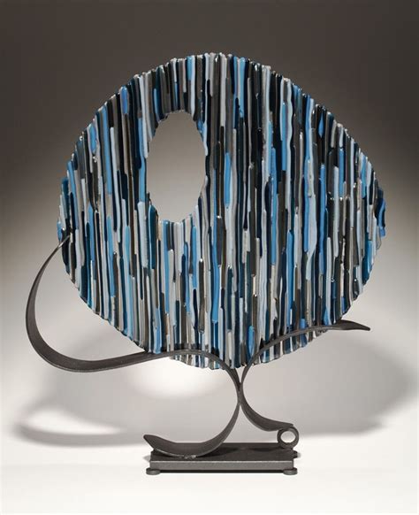 Hand Made Blue Circle Fused Glass And Metal Sculpture By