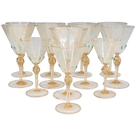 Salviati Blown Glass Gold Leaf Stemware Set Of 12 Glass Flute Glass