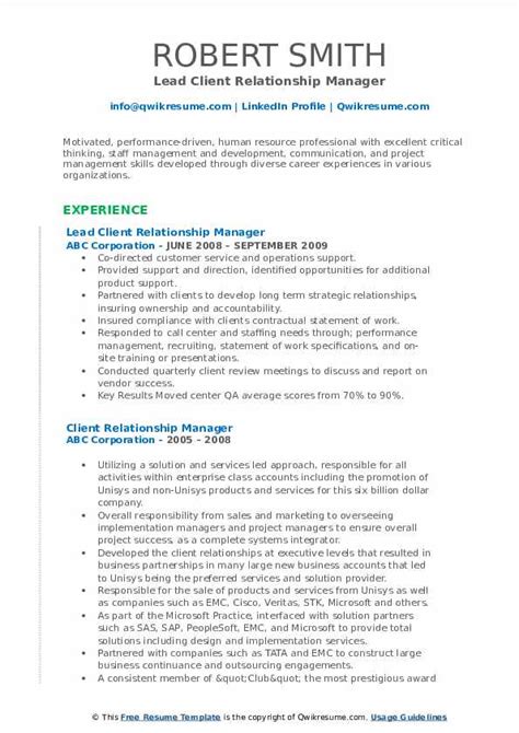 Client Relationship Manager Resume Samples Qwikresume
