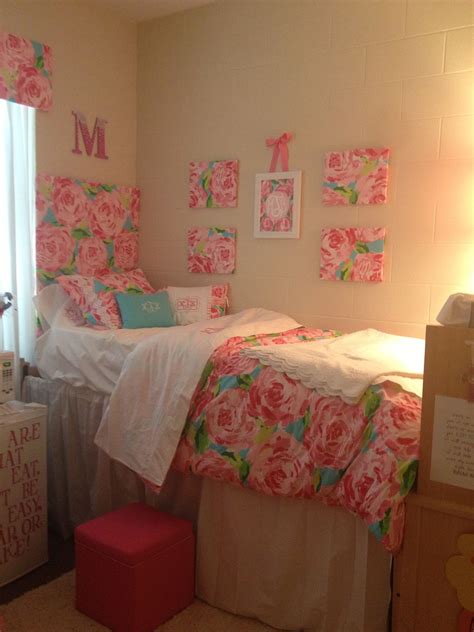 cute lilly inspired dorm with headboard curtains wall hangings