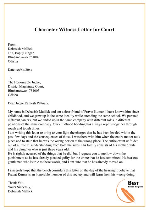 sample character reference letter  court template