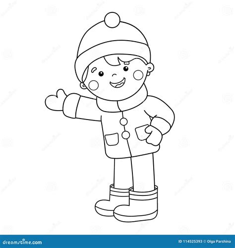 coloring page outline  cartoon boy winter stock vector