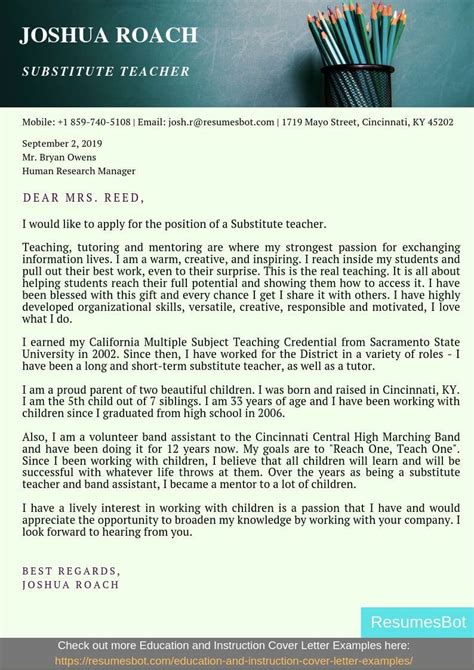 cover letter  joshua roach   teachers resume