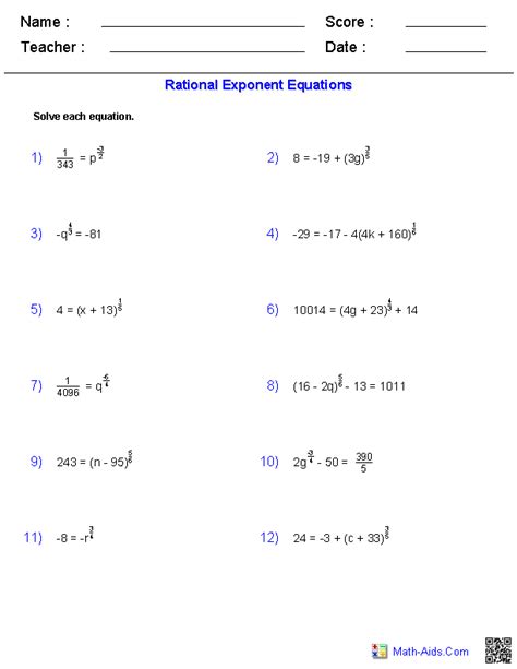 rational exponent equations worksheets math aidscom pinterest
