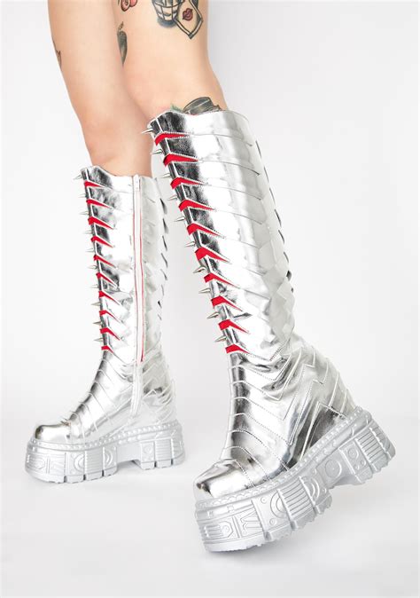 metallic knee high platform boots silver dolls kill