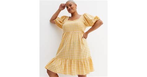 Curves Yellow Check Tiered Midi Dress New Look