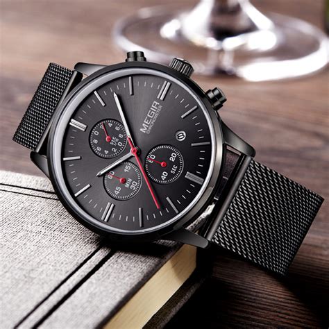 megir mens quartz watches stainless steel mesh band black  chronograph slim strap mens