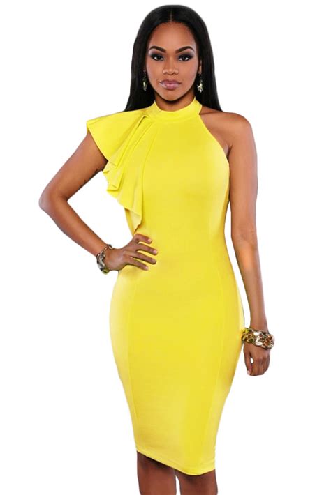 A Yellow One Shoulder Ruffle Sleeve Midi Dress