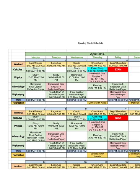 sample monthly study schedule study schedule study schedule template