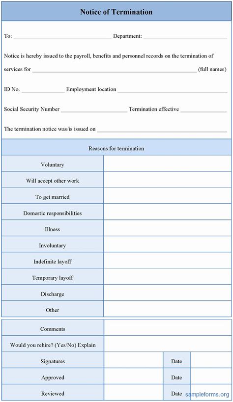 employment termination forms  notice  termination form sample forms form