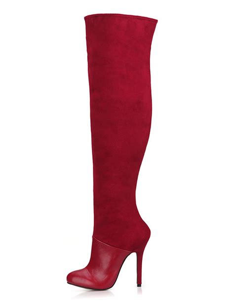 Red Suede Boots Womens Round Toe High Heel Over The Knee Boots For