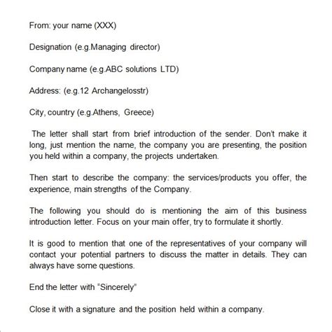 sample business introduction letter templates   ms word