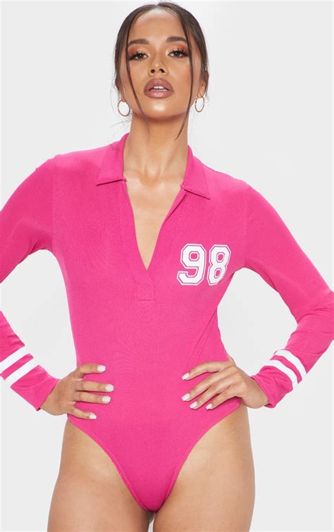 hot pink 98 slogan rib collar long sleeve bodysuit prettylittlething usa