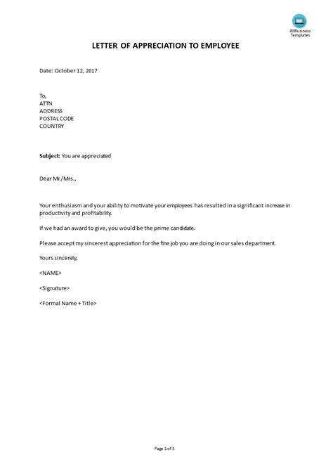 letter  appreciation  employee templates  allbusinesstemplatescom