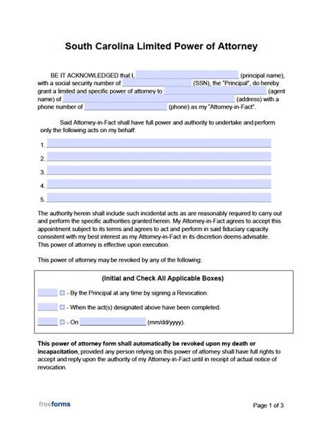 south carolina limited special power  attorney form  word