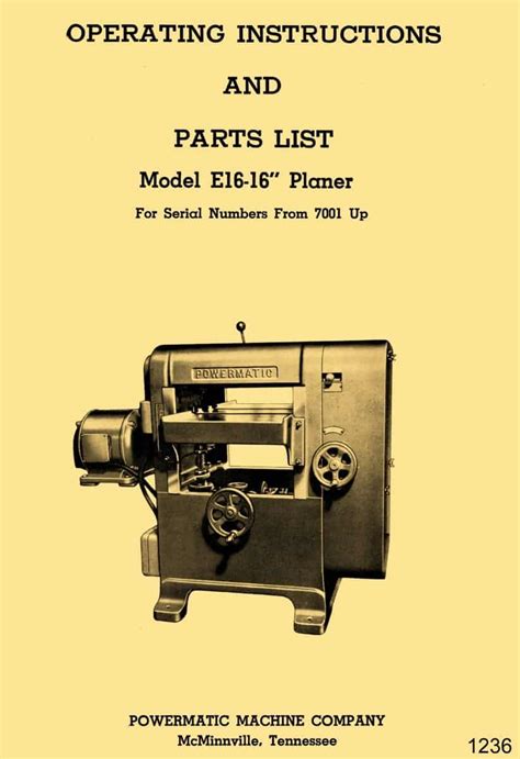 Powermatic E16 16 Wood Planer Instructions And Part Owners Manual