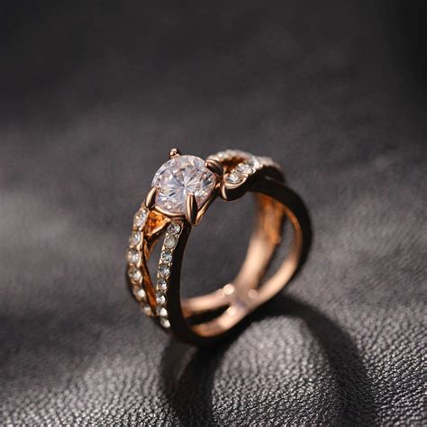 fm hot new women rose gold tone wedding ring full zircon female