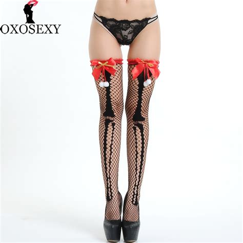 2018 Christmas Red Bow Lace Women Sexy Stockings Thigh High Hollow