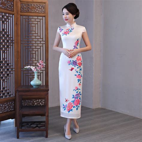 new white chinese vintage sexy satin cheongsam women print slim ankle