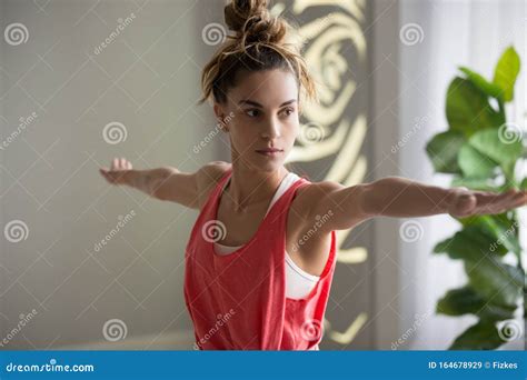 Calm Toned Girl Training Practicing Yoga At Home Stock Image Image Of