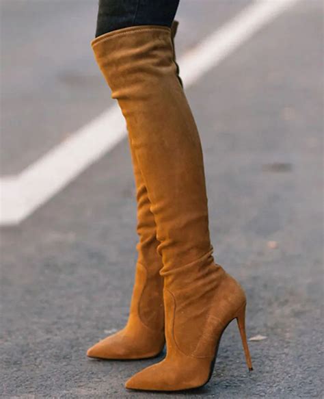arrival women booties pointed toe high heel long boots brown stretch suede leather  knee