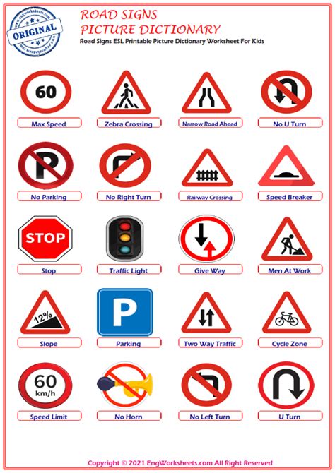 road signs esl printable picture dictionary worksheet  kids image