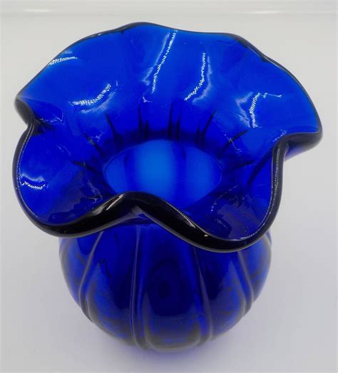 Vintage Cobalt Blue Glass Beautiful Vase Ruffle Edge Superb