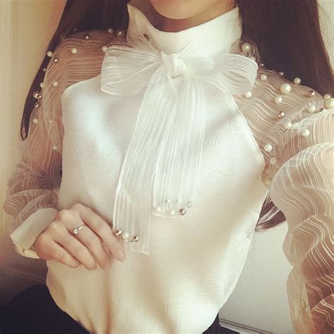 2015 Spring Elegant Organza Bow Of Pearl White Blouse Casual Fashion