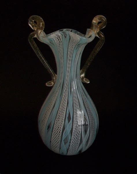 Murano Blue And White Latticino Glass Vase Gold Inclusions Italy C