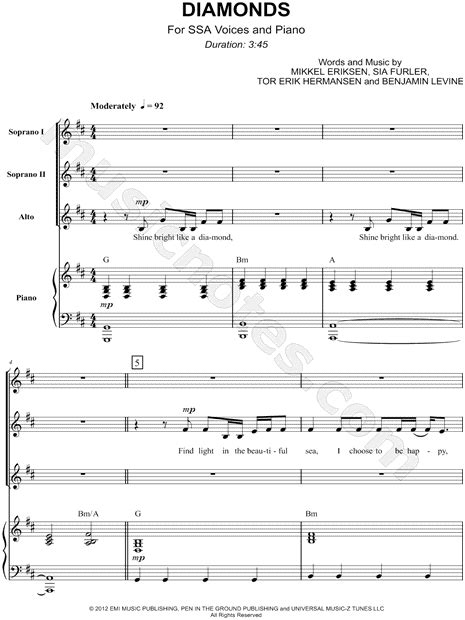 rihanna diamonds ssa choir piano choral sheet music in b minor