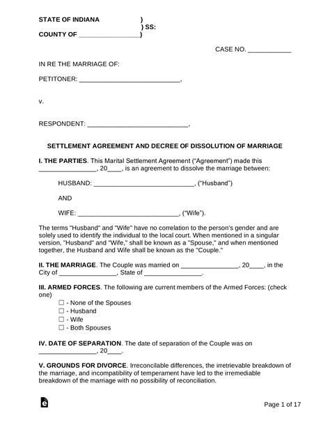 indiana marital settlement divorce agreement word  eforms