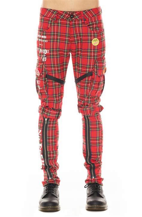 rocker sex pistols plaid slim leg cargo pants