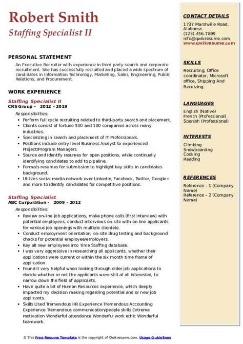 staffing specialist resume samples qwikresume