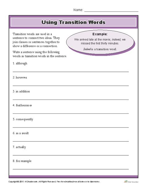 transition words printable writing worksheet