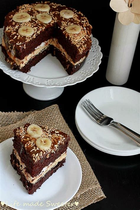 chocolate cake with bananas and salted caramel frosting