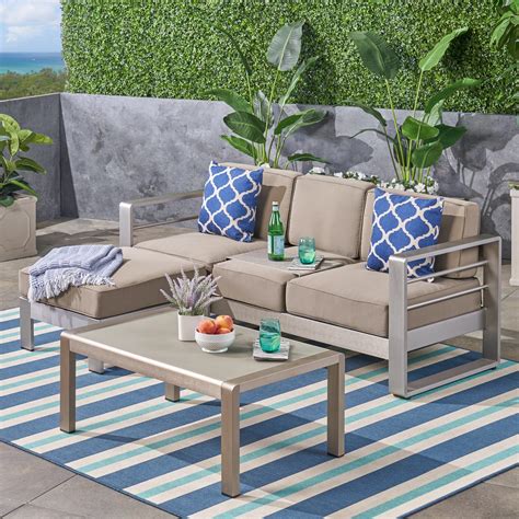 gannon outdoor  piece aluminum sofa set  coffee table  ottman silver khaki walmartcom