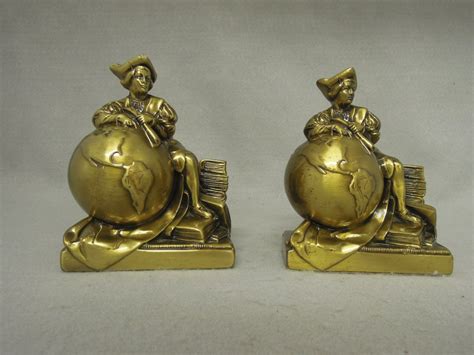 Christopher Columbus Bookends Brass World Globes Vintage