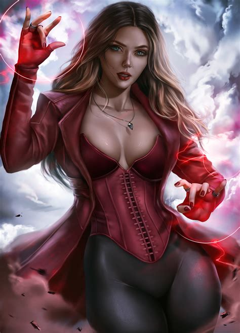 scarlet witch women brunette long hair looking at