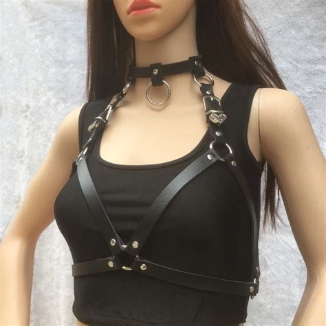 sexy women punk rock halterneck choker gothic leather harness