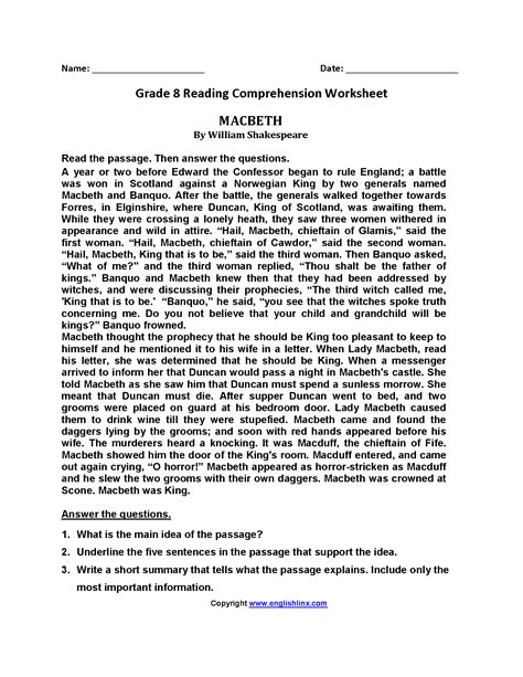 printable eighth grade reading comprehension worksheets