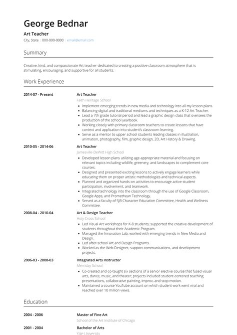 art teacher resume samples  templates visualcv