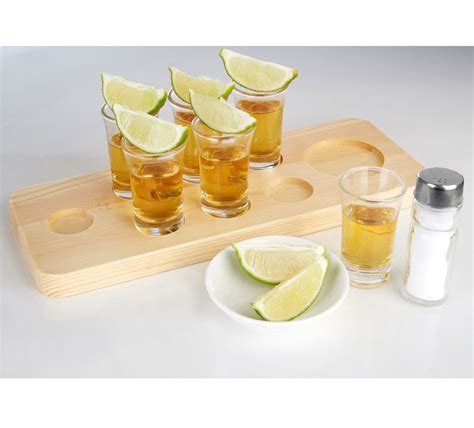 9pc Tequila Shot Glass Set 6 Glasses Salt Shaker Dish Pine Serving Tray