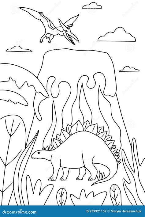 colouring page  dinosaurs  volcano stock illustration