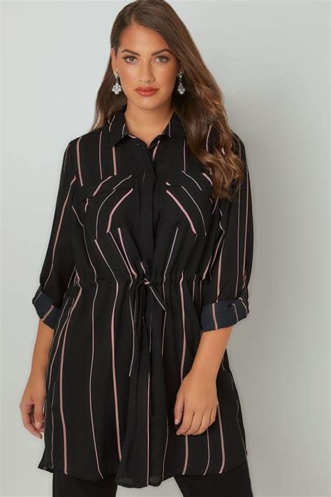 black and pink striped longline shirt with self tie waist plus size 16 to 36