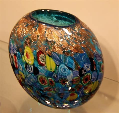 New 7 Hand Blown Glass Murano Art Style Vase Blue Italian Millefiori