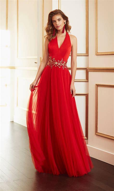 4j1a5 red marfil pleated net low back halterneck evening dress